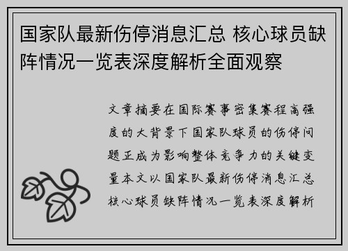 国家队最新伤停消息汇总 核心球员缺阵情况一览表深度解析全面观察 国家队最新伤停消息汇总 核心球员缺阵情况一览表深度解析全面观察